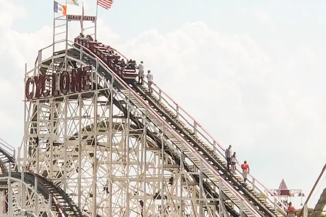 Riders climbing down the Cyclone on Saturday